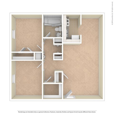 A 3D floor plan of a small apartment with a kitchen, bathroom, and living room.